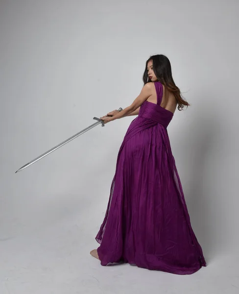 Full Length Portrait Pretty Brunette Asian Girl Wearing Purple Flowing — Fotografia de Stock