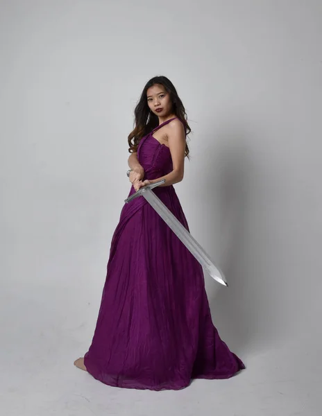 Full Length Portrait Pretty Brunette Asian Girl Wearing Purple Flowing — Stock Fotó