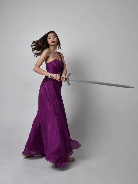 Full Length Portrait Pretty Brunette Asian Girl Wearing Purple Flowing — Stock fotografie
