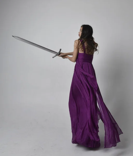 Full Length Portrait Pretty Brunette Asian Girl Wearing Purple Flowing — Photo