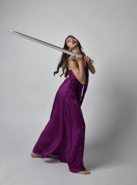 Full Length Portrait Pretty Brunette Asian Girl Wearing Purple Flowing — Stock Fotó