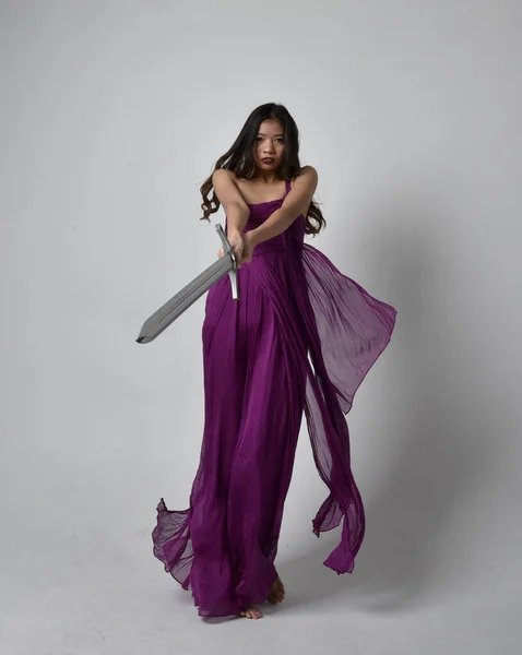 Full Length Portrait Pretty Brunette Asian Girl Wearing Purple Flowing — Fotografia de Stock