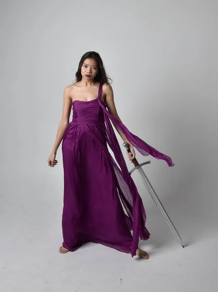 Full Length Portrait Pretty Brunette Asian Girl Wearing Purple Flowing — Stockfoto