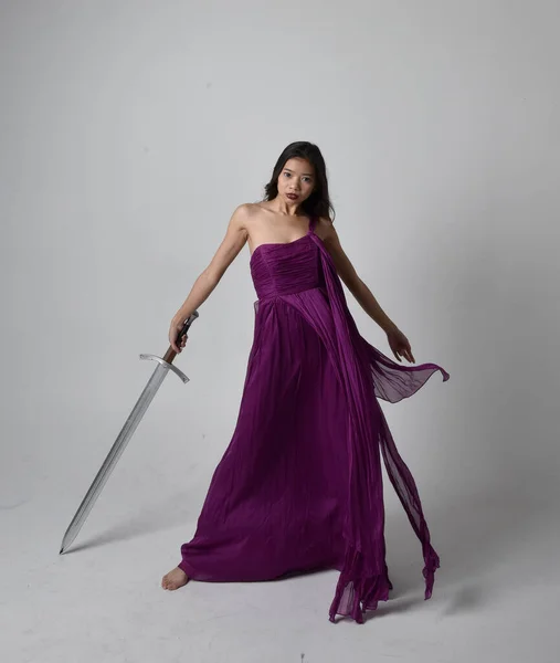 Full Length Portrait Pretty Brunette Asian Girl Wearing Purple Flowing — Stock Fotó