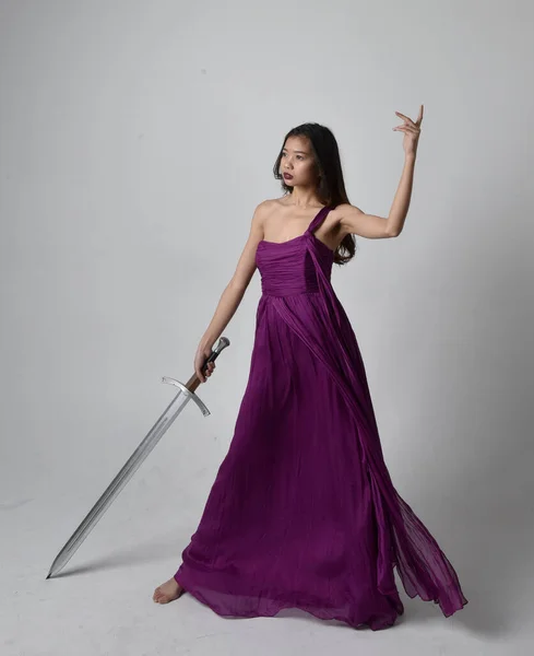 Full Length Portrait Pretty Brunette Asian Girl Wearing Purple Flowing — Stock Fotó