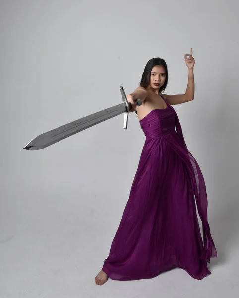 Full Length Portrait Pretty Brunette Asian Girl Wearing Purple Flowing — Foto Stock