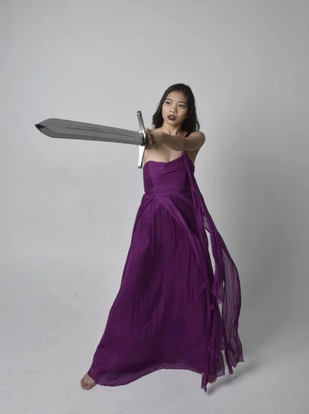 Full Length Portrait Pretty Brunette Asian Girl Wearing Purple Flowing — Stock fotografie