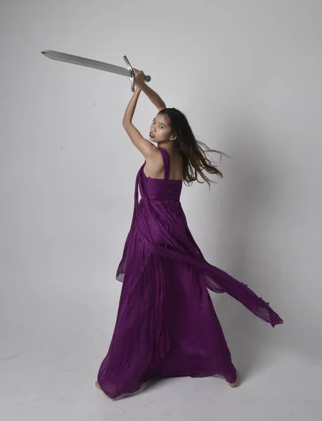 Full Length Portrait Pretty Brunette Asian Girl Wearing Purple Flowing — Stockfoto