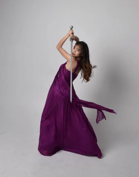 Full Length Portrait Pretty Brunette Asian Girl Wearing Purple Flowing — Foto de Stock