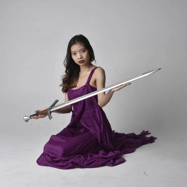 Full Length Portrait Pretty Brunette Asian Girl Wearing Purple Flowing — Stock Photo, Image