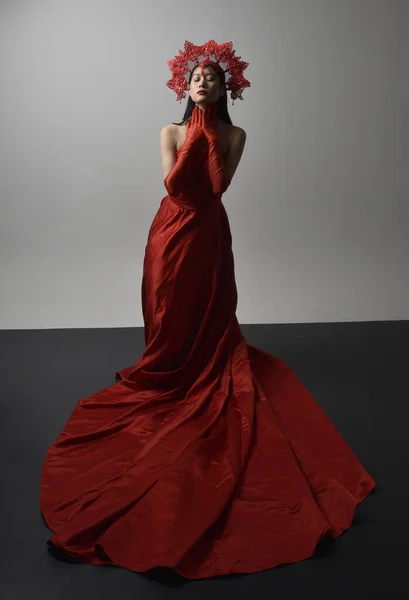 Full Length Portrait Beautiful Young Asian Woman Wearing Red Corset — Fotografia de Stock