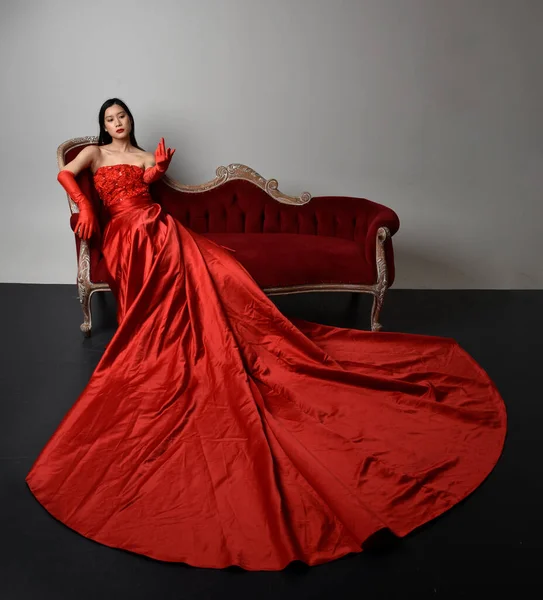 Full Length Portrait Beautiful Young Asian Woman Wearing Red Corset — Stock fotografie