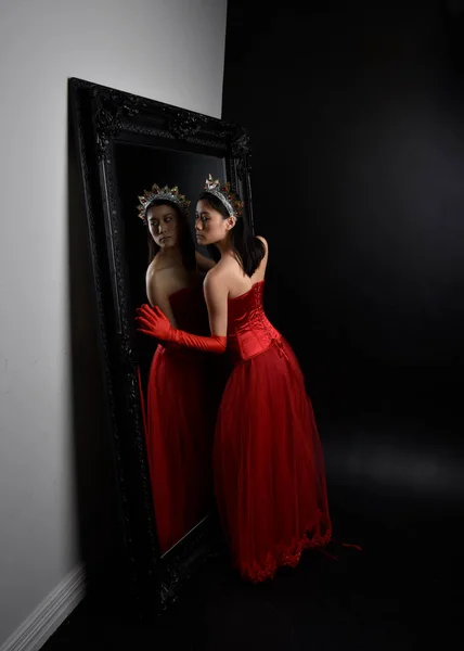 Full Length Portrait Beautiful Young Asian Woman Wearing Red Corset — Stock Photo, Image
