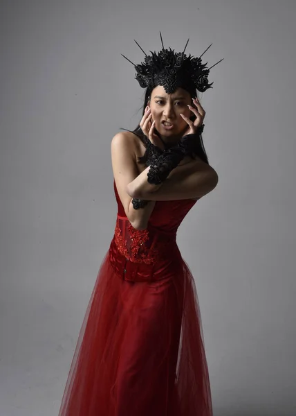 Portrait Beautiful Young Asian Woman Wearing Red Corset Crown Posing — Stock Photo, Image