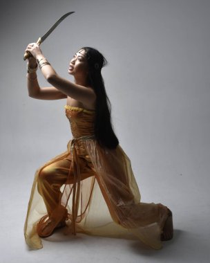 Altın Arap cübbesi giyen, stüdyo arka planında izole edilmiş, kılıç tutan, güzel Asyalı genç bir kadının portresi..