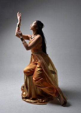 Altın Arap cübbesi giyen, stüdyo arka planında izole bir şekilde oturan, cin gibi uzun boylu Asyalı bir kadının portresi..