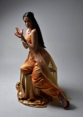 Altın Arap cübbesi giyen, stüdyo arka planında izole bir şekilde oturan, cin gibi uzun boylu Asyalı bir kadının portresi..