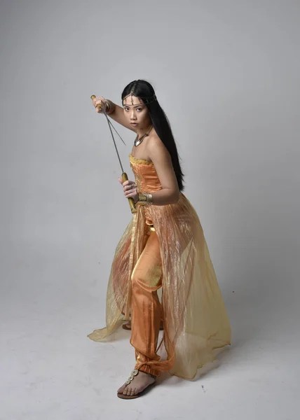 Full Length Portrait Pretty Young Asian Woman Wearing Golden Arabian — Stock Photo, Image