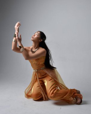 Altın Arap cübbesi giyen, stüdyo arka planında izole bir şekilde oturan, cin gibi uzun boylu Asyalı bir kadının portresi..