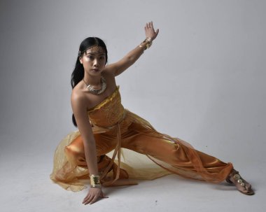 Altın Arap cübbesi giyen, stüdyo arka planında izole bir şekilde oturan, cin gibi uzun boylu Asyalı bir kadının portresi..