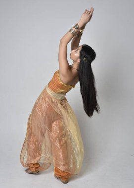 Altın Arap cübbesi giymiş güzel Asyalı bir kadının tam boy portresi. Stüdyo arka planında izole bir şekilde kameraya dönük poz veriyor..