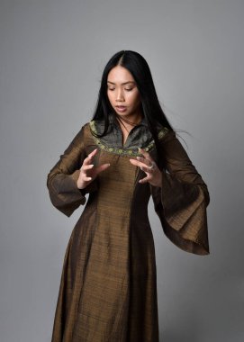 Orta çağ fantezi elbisesi giymiş, uzun saçlı güzel Asyalı bir kadının portresi. Hareketli elleri olan zarif bir poz, stüdyo arka planında izole edilmiş..