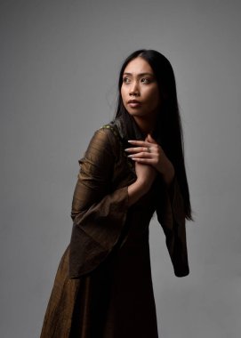 Orta çağ fantezi elbisesi giymiş, uzun saçlı güzel Asyalı bir kadının portresi. Hareketli elleri olan zarif bir poz, stüdyo arka planında izole edilmiş..