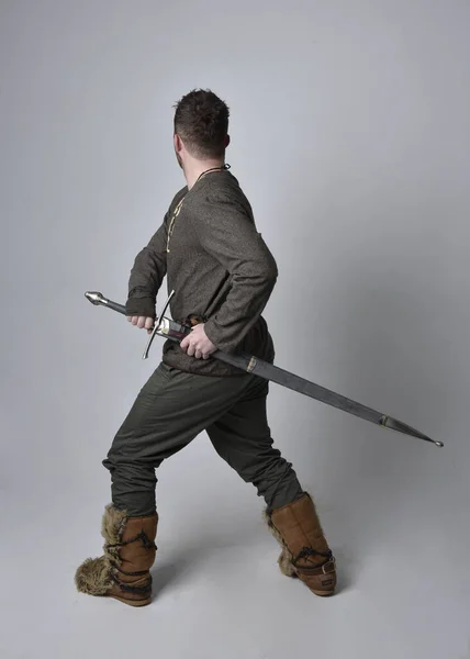 Full Length Portrait Young Handsome Man Wearing Medieval Celtic Adventurer — Stock Photo, Image