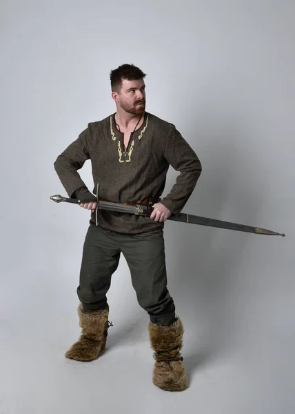 Full Length Portrait Young Handsome Man Wearing Medieval Celtic Adventurer — Stock Photo, Image