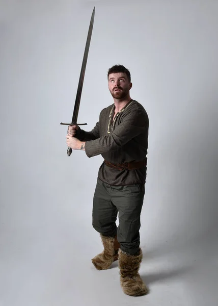 Full Length Portrait Young Handsome Man Wearing Medieval Celtic Adventurer — Stock Photo, Image