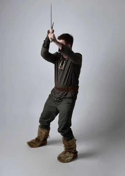 Full Length Portrait Young Handsome Man Wearing Medieval Celtic Adventurer — Stock Photo, Image