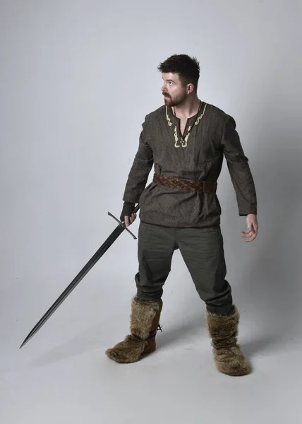 Full Length Portrait Young Handsome Man Wearing Medieval Celtic Adventurer — Stock Photo, Image