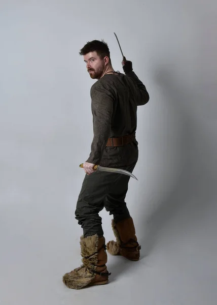 Full Length Portrait Young Handsome Man Wearing Medieval Celtic Adventurer — Stock Photo, Image