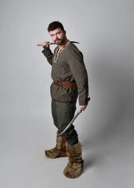 Full Length Portrait Young Handsome Man Wearing Medieval Celtic Adventurer — Stock Photo, Image