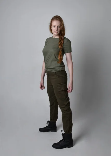 Full Length Portrait Pretty Red Haired Woman Wearing Army Green — Stock Photo, Image