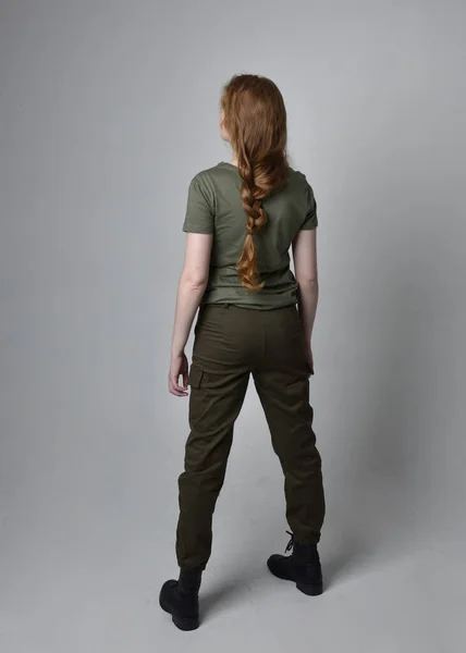 Full Length Portrait Pretty Red Haired Woman Wearing Army Green — Stock Photo, Image
