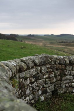 Antik Roma İmparatorluğu anıtı Hadrians Duvarı 'nın engebeli İskoç dağlık kırsalındaki sinematik manzarası rüzgarlı bir bozkıra çarpan tarihi bir dönüm noktası.