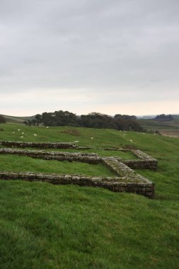 Antik Roma İmparatorluğu anıtı Hadrians Duvarı 'nın engebeli İskoç dağlık kırsalındaki sinematik manzarası rüzgarlı bir bozkıra çarpan tarihi bir dönüm noktası.