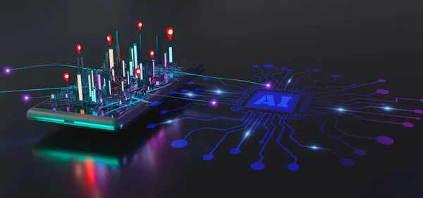 Akıllı şehir ve Yapay Zeka ya da yapay zeka sistemi kontrollü teknoloji konsepti, akıllı telefondan izometrik 3d şehir, mobil cihazlar, güçlendirilmiş gerçeklik ve AR teknolojisi ile, 3d resimleme