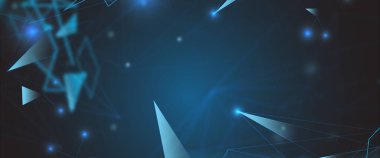 Gelecekçi çokgen soyut aydınlatma çizgisi ve kablosuz bağlantı ve mavi arka plan, kavram teknolojisi ve gelecek için iletişim mucizesi grafiği ile parlayan üçgen ile dalga