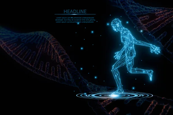 Gelecekçi Wireframe insan vücudu aktif ve DNA, 3D rendeleme modeli çokgen nokta ve çizgi, konsept tıbbi ve teknoloji, sanal tarama anatomisi vücut, yapay zeka veya yapay zeka, derin öğrenme