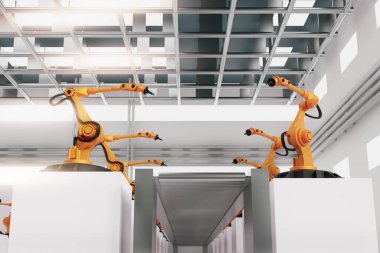 Konsept iş ve endüstri 4.0 modern teknoloji fabrikası, akıllı endüstriyel fabrika otomasyon kol robotu, taşıyıcı bant üretim hattı, yapay zeka veya yapay zeka tarafından kontrol, 3D resimleme