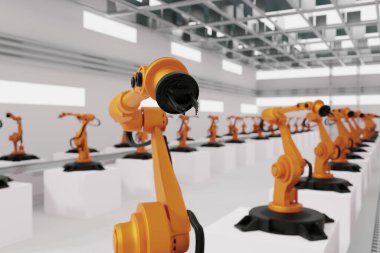 Konsept iş ve endüstri 4.0 modern teknoloji fabrikası, akıllı endüstriyel fabrika otomasyon kol robotu, taşıyıcı bant üretim hattı, yapay zeka veya yapay zeka tarafından kontrol, 3D resimleme