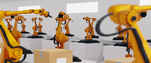 Concept business and industry 4.0 modern technology factory,smart Industrial plant automation arm robot,conveyor belt production line,control by Artificial intelligence or AI,3d rendering illustration