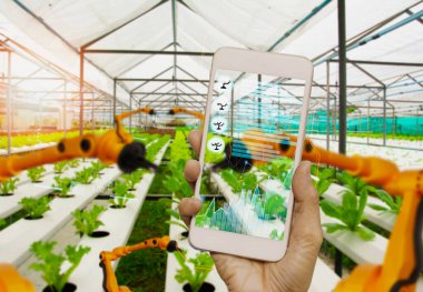 Akıllı çiftçi yapay zeka ya da yapay zeka ya da yapay zeka teknolojisine sahip akıllı telefon, sistem kontrol robotu, robotik kol kullanarak kalite ve hasat tarım ürünü, uydu izleme teknolojisi tarımı