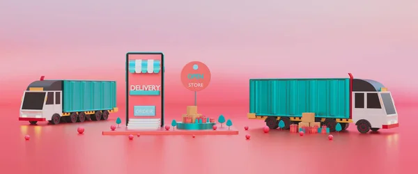 Online delivery smartphone,E-commerce service concept,online order shopping,technology gps pin tracking logistic shipping on mobile,fast transport truck to customer,3d render illustration web banner