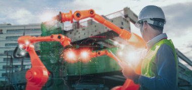 Endüstri mühendisi inşaatı, akıllı tablet kullanılarak, kontrol otomasyon robot kolu akıllı istihbarat inşaat alanı, konsept iş sektörü 4.0, yapay zeka veya yapay zeka, 5G ağ