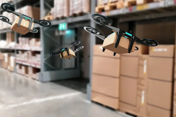 Autonomous drone robot flying in warehouse transportation,with artificial Intelligence or AI,smart automated delivery vehicle,modern logistic and shipping,concept business online and industry 4.0