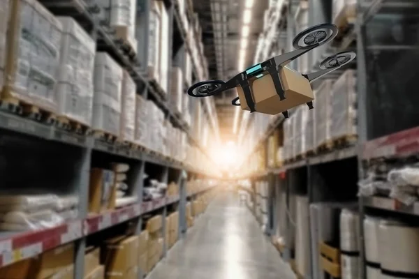 Autonomous drone robot flying in warehouse transportation,with artificial Intelligence or AI,smart automated delivery vehicle,modern logistic and shipping,concept business online and industry 4.0