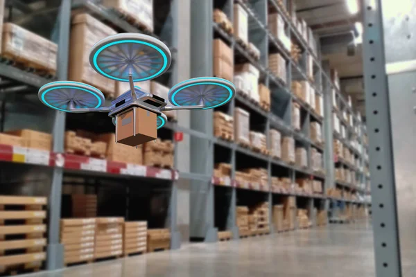 Depo taşımacılığında uçan otonom robot, yapay zeka veya yapay zeka ile, akıllı otomatik dağıtım aracı, modern lojistik ve nakliye, konsept işi online ve sanayi 4.0